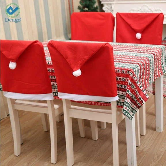 Deago 4 PCS Santa Clause Hat Chair Covers, Red Hat Kitchen Chair Back Covers Sets For Christmas Holiday Festive Décor