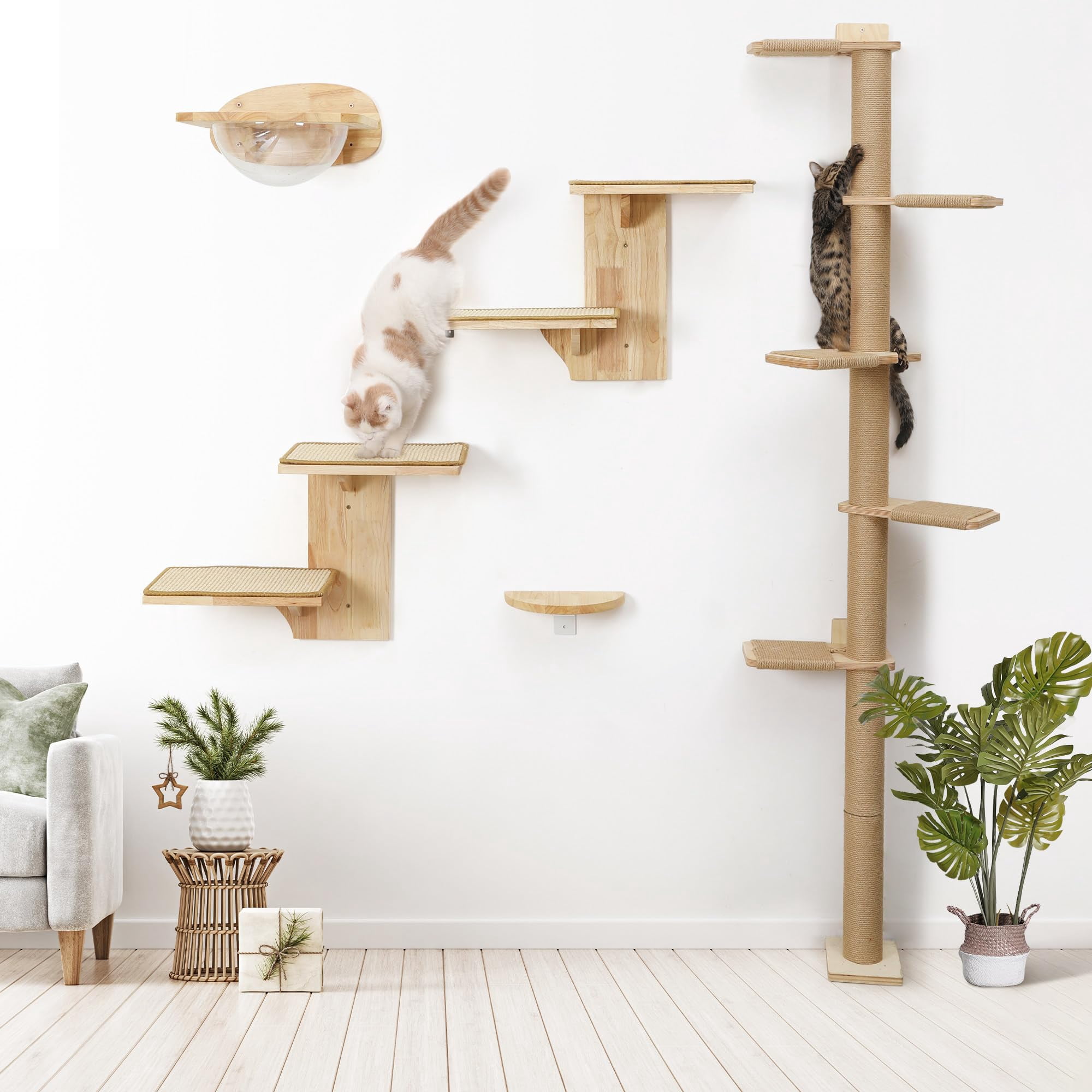 Cat Wall-mounted Floating Shelves With Sisal Mat, Tree Shape Solid Rubber Wood Cat Perch