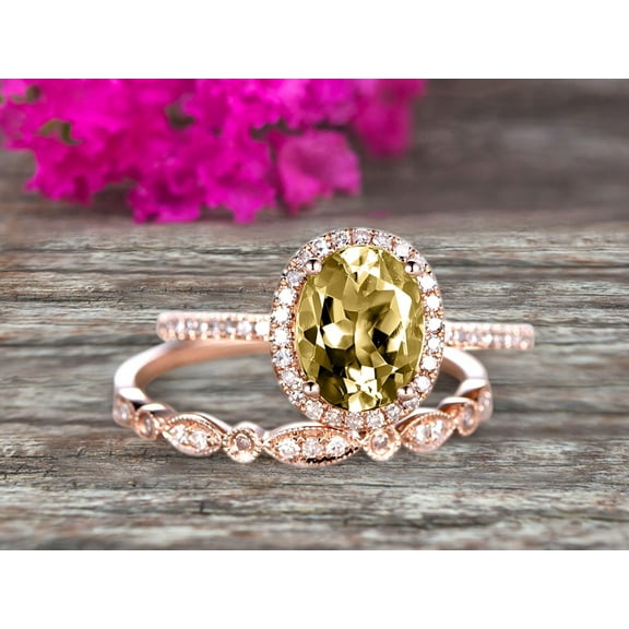 2.5 Carat Champagne Diamond Moissanite Wedding Set Engagement Ring 8x6mm Oval Shaped Art Deco Bridal Ring On 10k Rose Gold