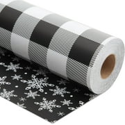 Reversible Christmas Wrapping Paper Roll - Black Buffalo Plaid & Snowflakes Patterns - 17 inches x 100 Feet