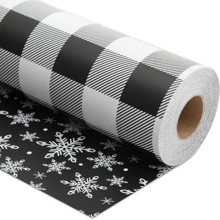 Reversible Christmas Wrapping Paper Roll - Black Buffalo Plaid & Snowflakes Patterns - 17 inches x 100 Feet