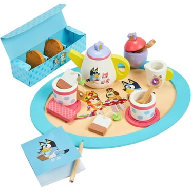 Bluey Tea Party Set, Wooden 20-Piece Pretend Play Set with Tray, Teapot, Tea Cups, Biscuits, Ages 3 