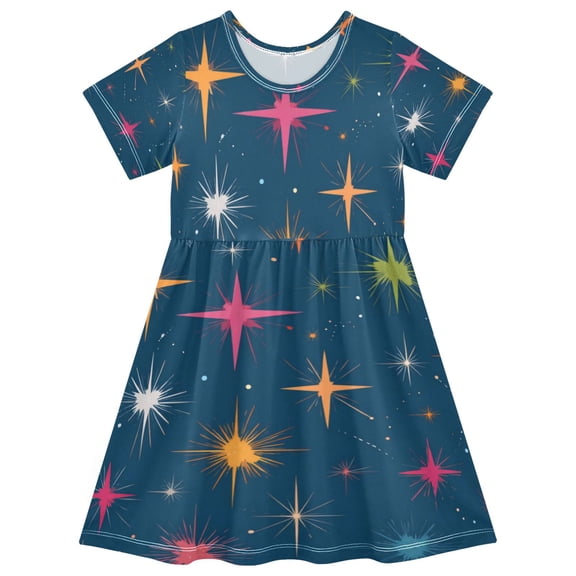Girls Short Sleeve A-Line Dress Play Dress Colorful Stars Pattern Sizes 2T