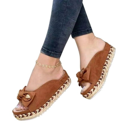 

Summer Savings! Zpanxa Slippers for Women Sandals Women Peep Toe Bow Vintage Straw Platform Heel Summer Slippers Casual Shoes Flip Flops for Women Brown 37