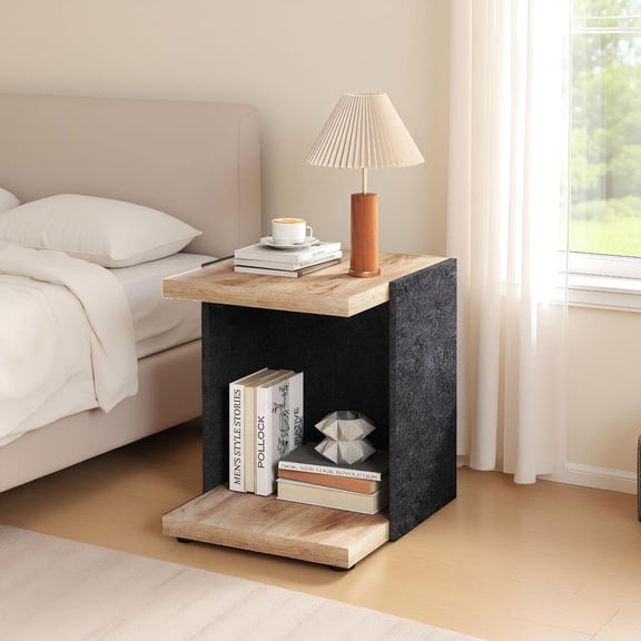 Barara King 2-Tier Nightstand Sofa Table with Open Storage Shelf, Side End Table for Living Room, Bedroom, Home Office, Oak & Black