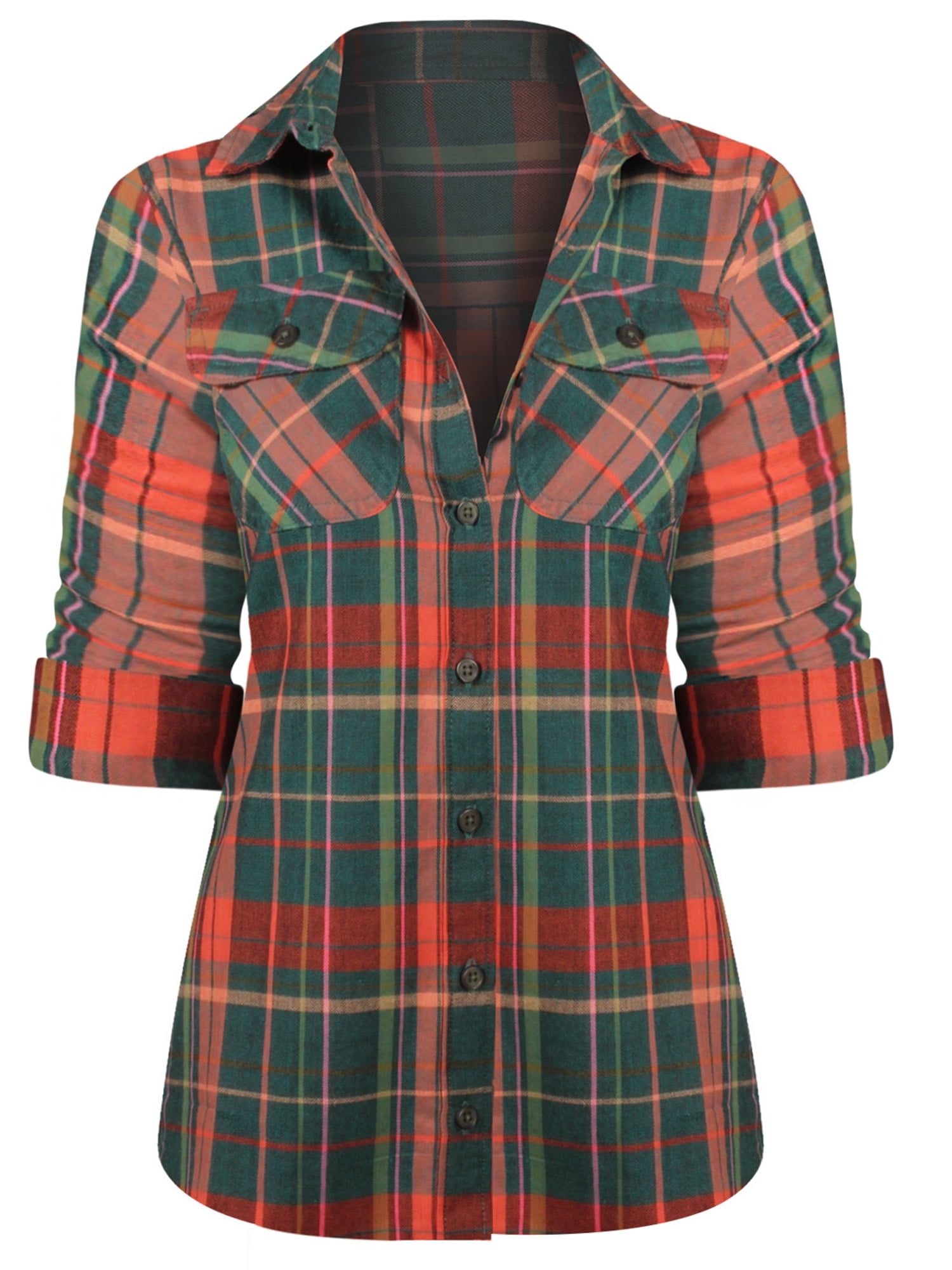 Women's Classic Collar Button Down Roll Up Long Sleeve Plaid Flannel Shirt - Walmart.com