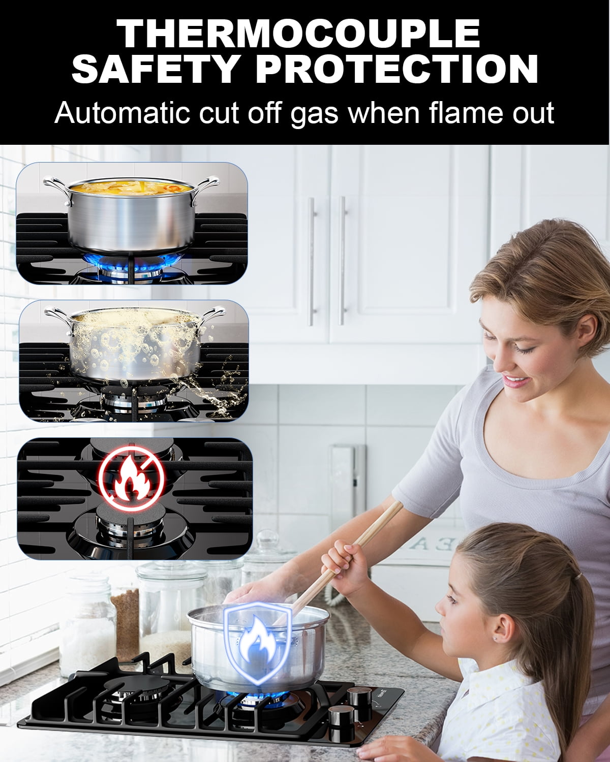 TOPWISH 12" 2-Burner Built-In Gas Cooktop, Black Tempered Glass, 18,000 BTU, NG/LP Convertible, Flame-Out Protection