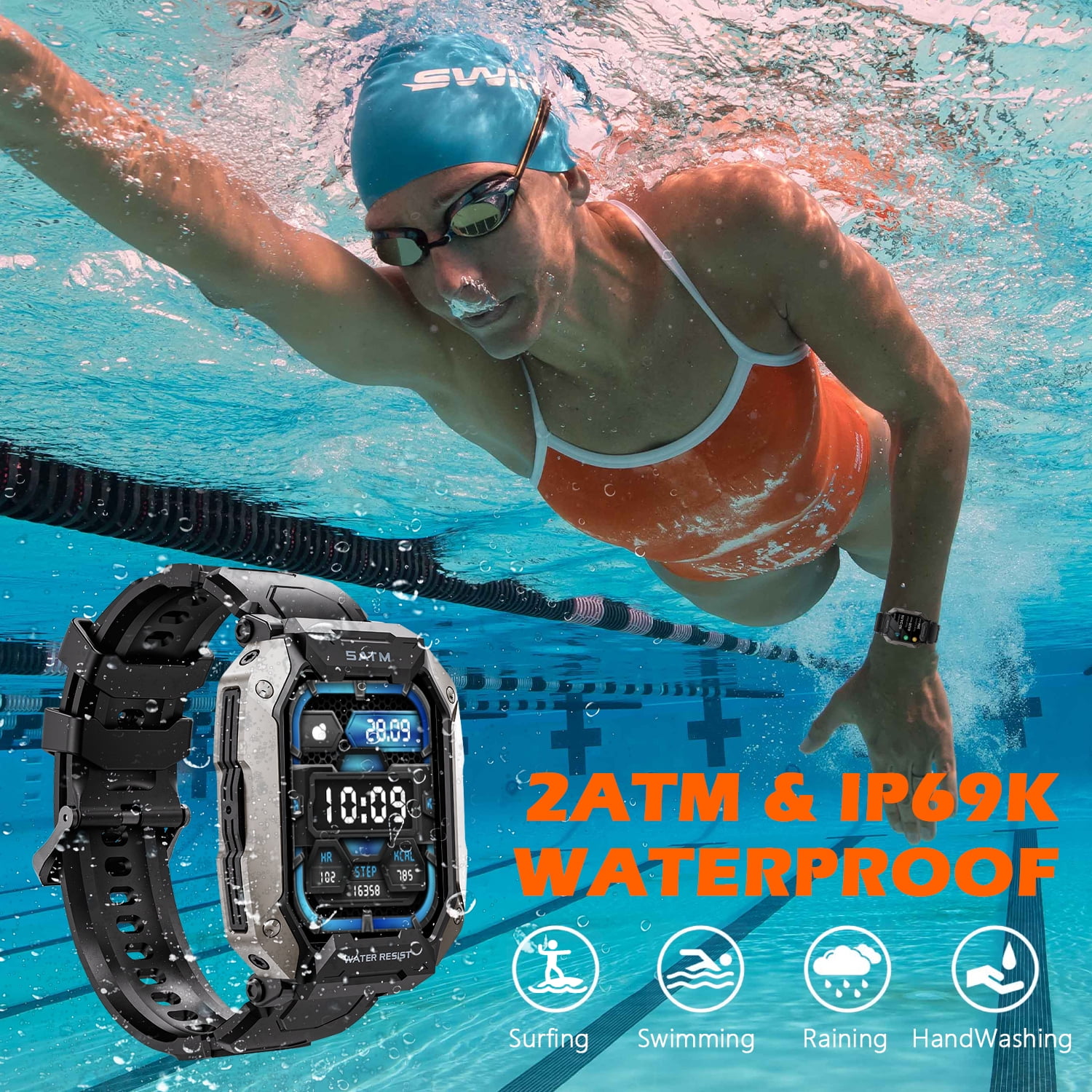 Military Smart Watches for Men, 1.81'' HD Outdoor Sports Rugged Smartwatch Compatible with Android and iPhone, Black