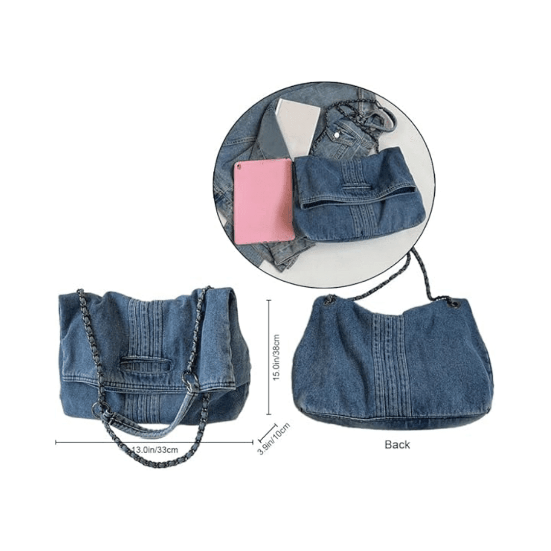 Women's Retro Denim Crossbody Bag – Large Capacity Tote Purse with Adjustable Shoulder Strap and Chain Strap, Perfect for Casual or Everyday Use 44448229