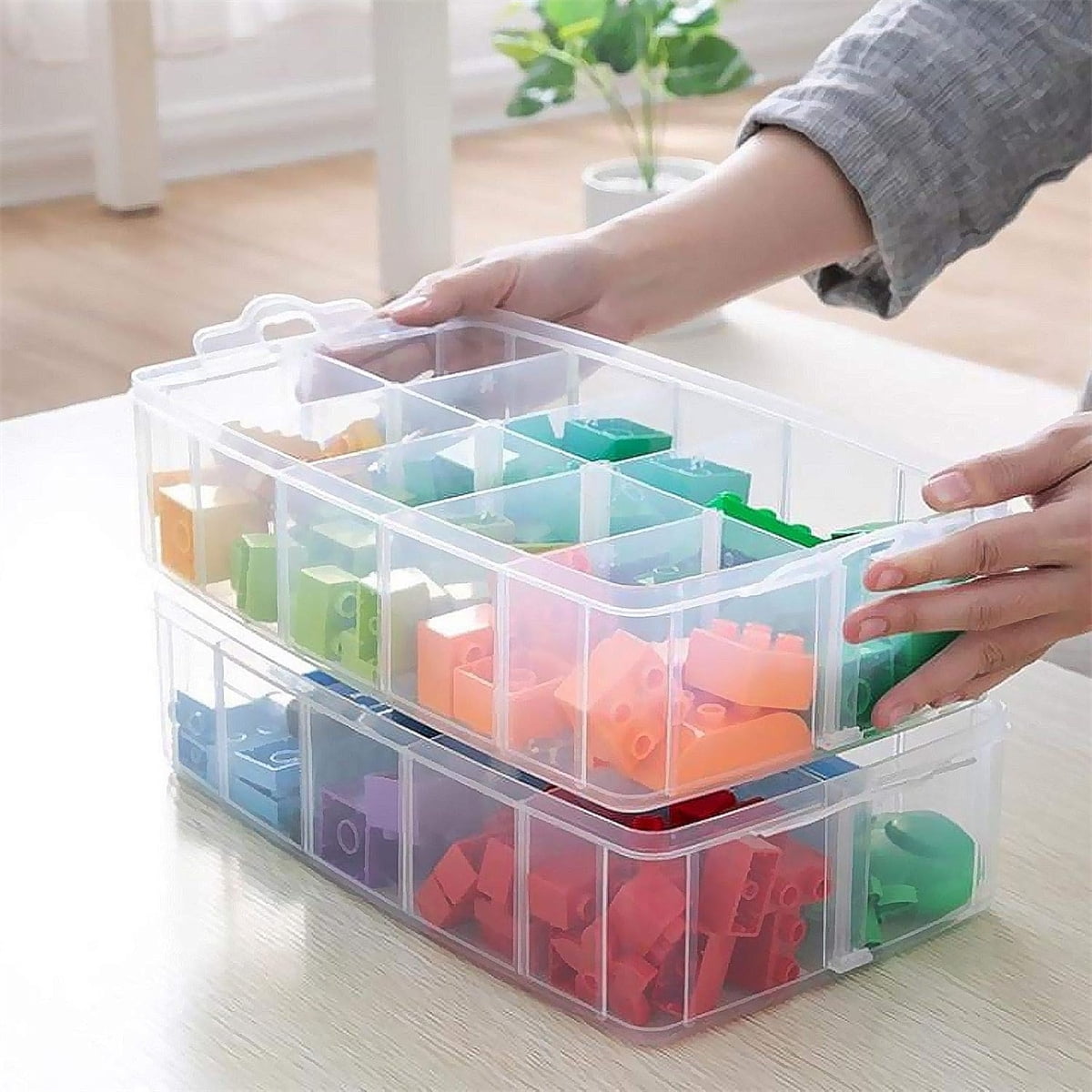 3 Tier Craft Storage Box 30 Adjustable Compartments Clear Plastic Stackable Organizer Container For Beads Jewelry (blue )