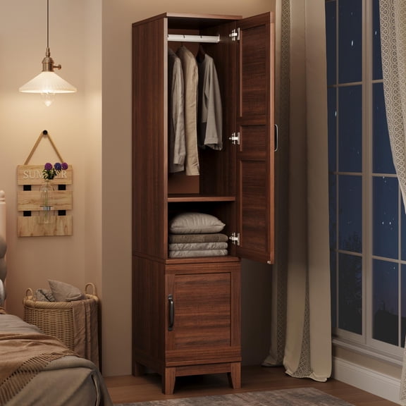 Rustic Wooden 2-Door Wardrobe Cabinet, 72 Inch Tall Armoire Closet with Hanging Rod and 18 Adjustable Shelves, Narrow Freestanding Bedroom Clothes Storage Furniture