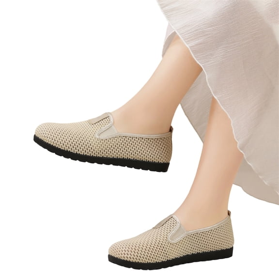 HTHLVMD Mesh Slip On Loafers for Women, Hollow Out Casual Flats, Breathable Summer Shoes, Women's Breathable Mesh Flats Shoes, Soft Loafers Flats, White Slip On Shoes Loafer, Beige 5.5