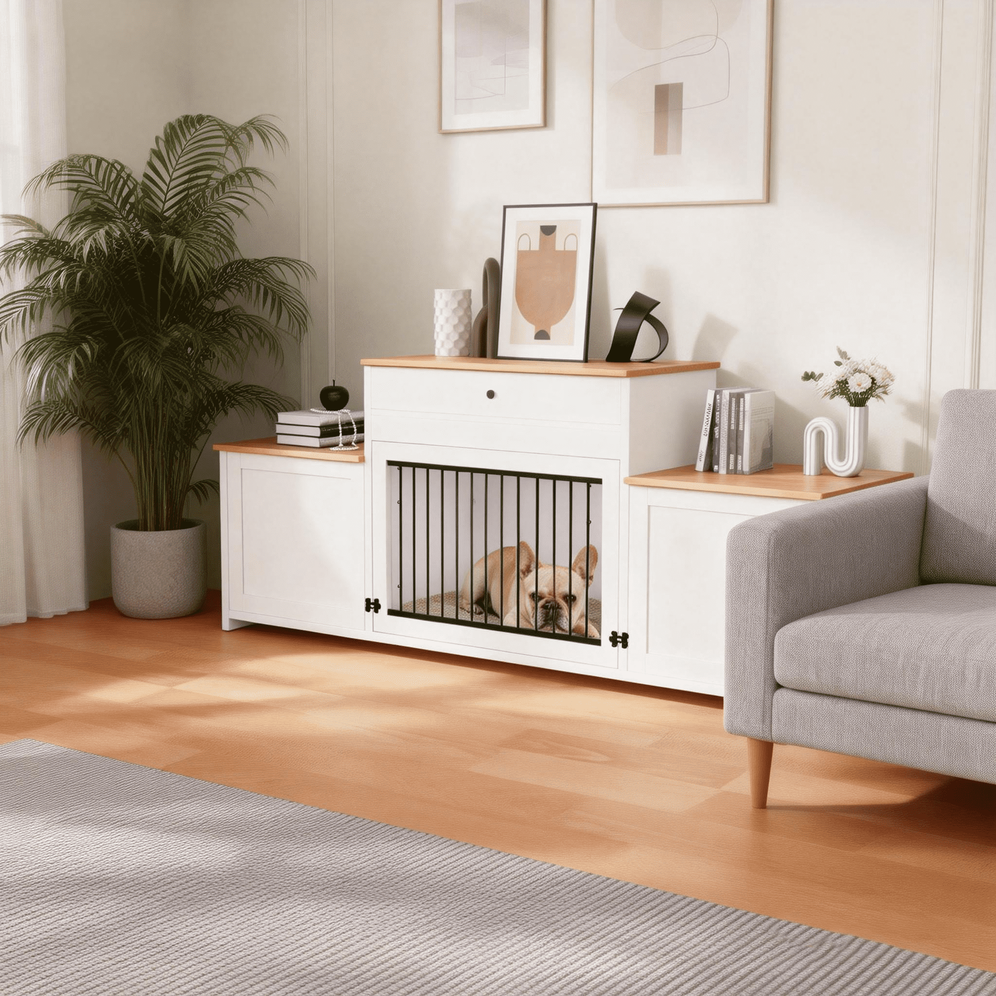 TIME RAY 79 inch Dog Crate Furniture with Storage Drawer,Dog Cage Furniture for Large Dog,Dog Kennel  with Upward Flapping Crate Door