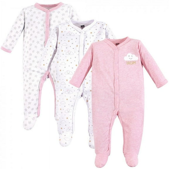 Hudson Baby Infant Girl Cotton Snap Sleep and Play 3pk, Pink Clouds, 0-3 Months