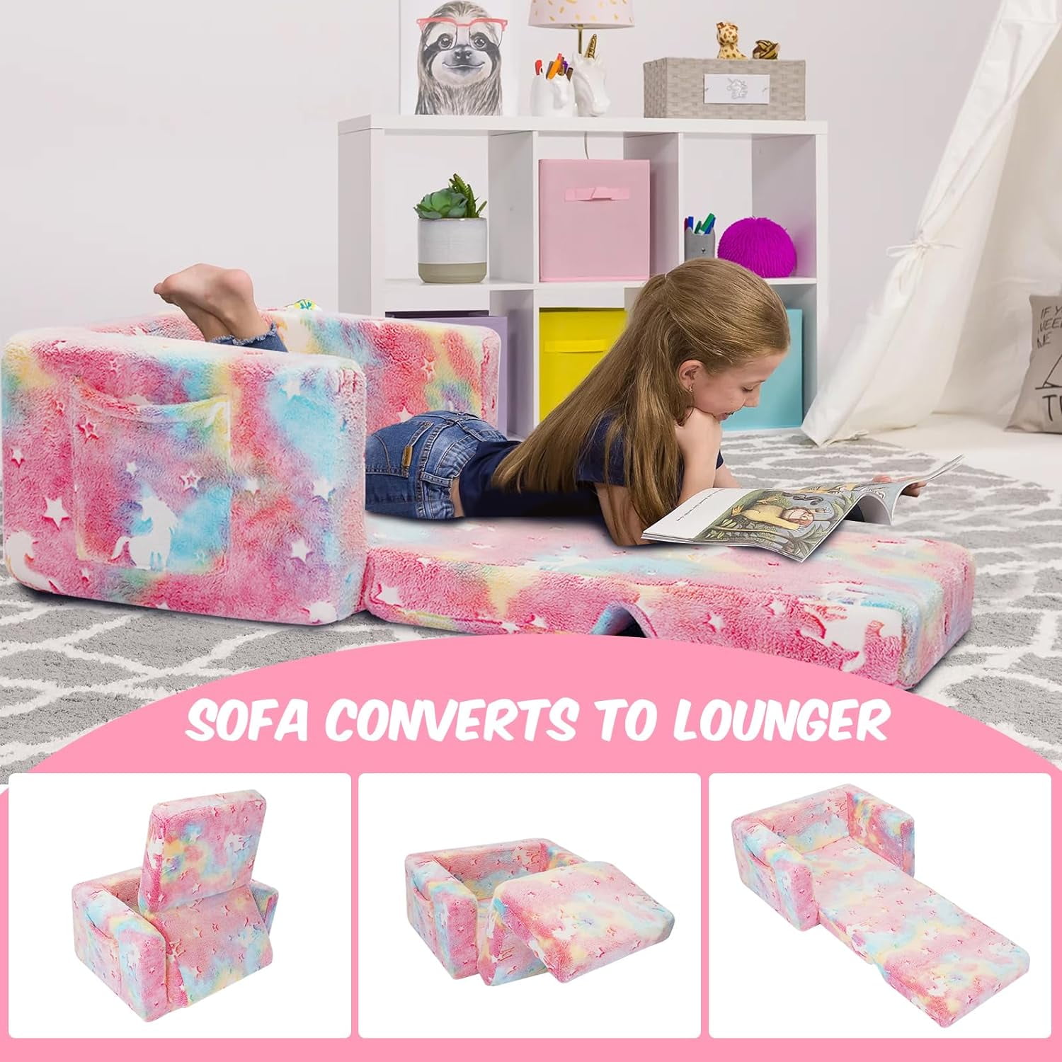 Toddler Couch, Toddler Chair Folding, Kids Couch 2 in 1 Kids Sofa Glow in The Dark Couch, Gifts Sleeper for Girls Boys - Pink Unicorn