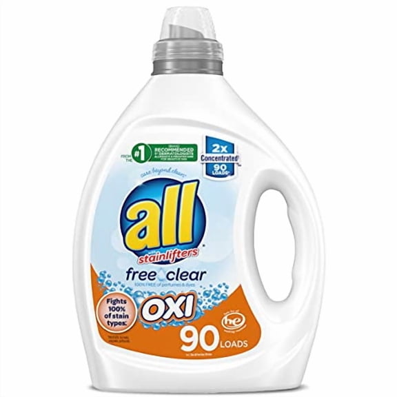 all Liquid Laundry Detergent, Free Clear for Sensitive Skin with OXI, Unscented and Hypoallergenic, 2X Concentrated, 90 Loads
