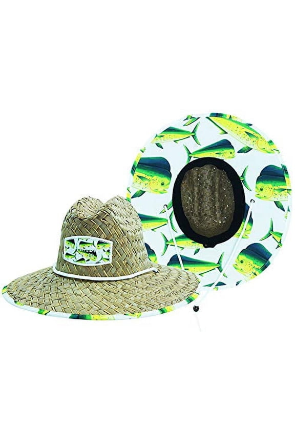 Men's Straw Sun Hat Dolphin Fish Sun Hat with Fabric Pattern Print Lifeguard Hat For, Beach, Ocean, Boating, Fishing, and Outdoor, Summer, Fits All, Malabar Hat Co