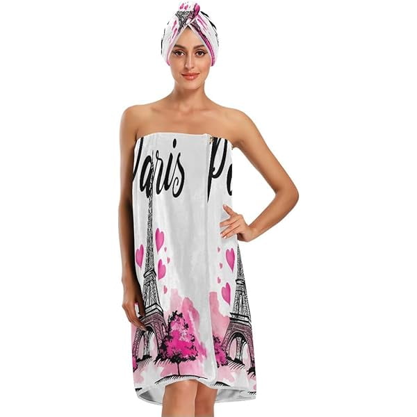 wonima11 Painted Eiffel Tower Paris Women 3PCS Bath Towel Wrap & Dry Hair Cap Adjustable Closure Shower Robes,Soft Absorbent Quick Drying for Spa,Beach,Shower