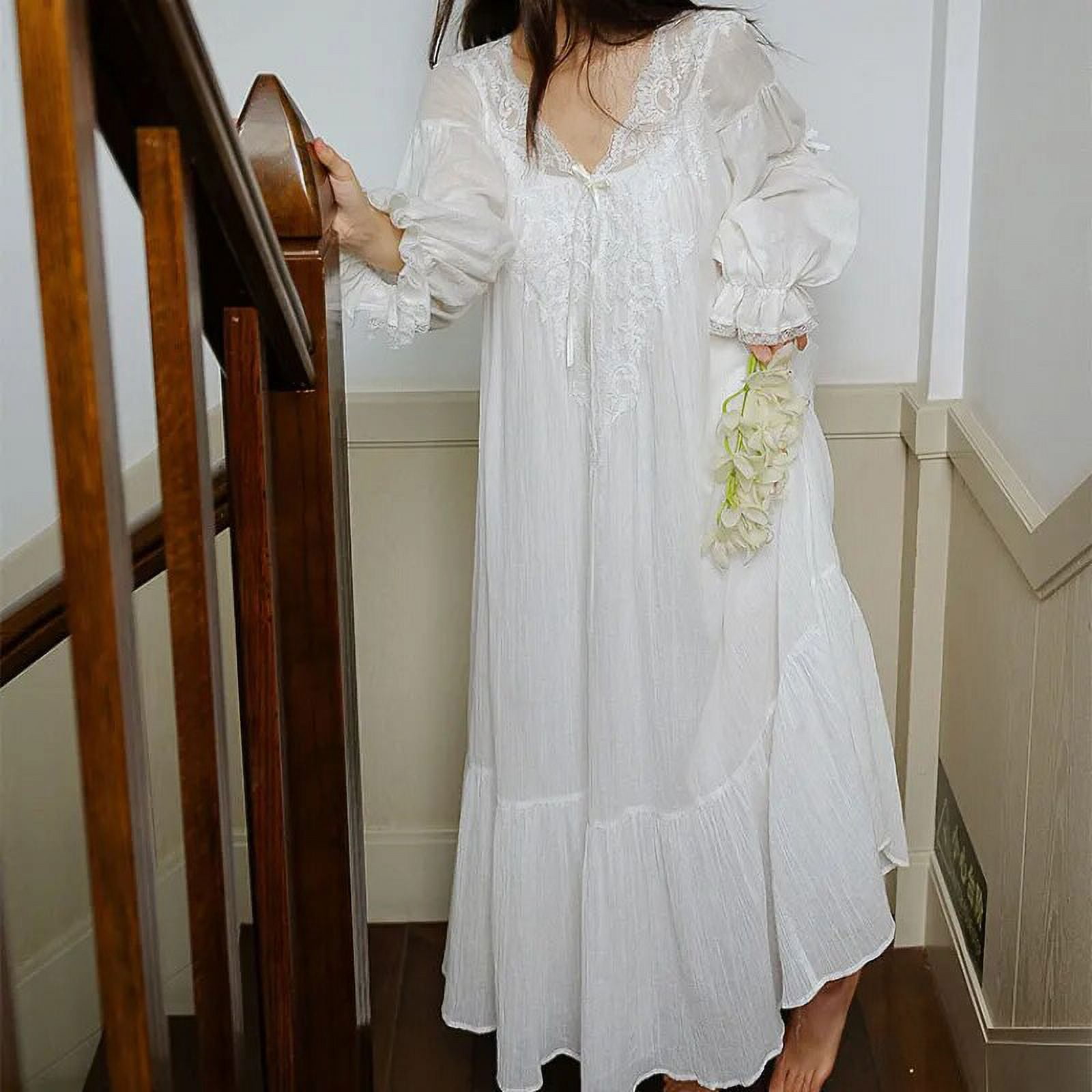Senbaida Pure Cotton Night Dress Women Spring Autumn Long Sleeve Lace Vintage Nightgown Victorian Nightdress Home Wear Princess Sleepwear White Xl 65