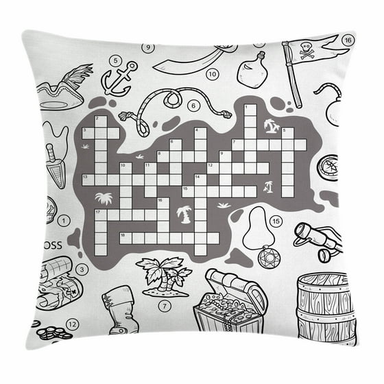 Word Search Puzzle Throw Pillow Cushion Cover, Colorless Pirates Themed Educational Puzzle ...