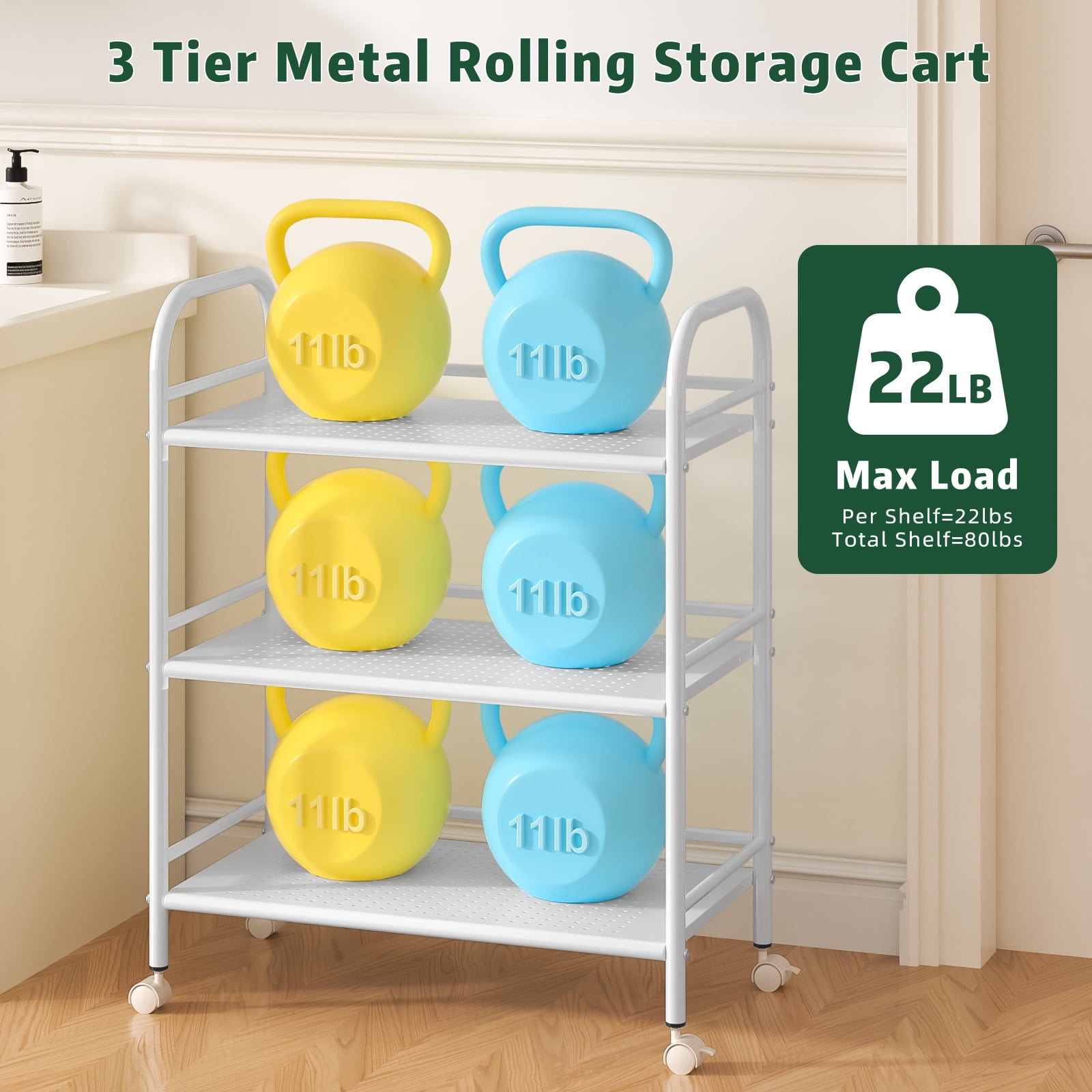 Cshidworld 3-Tier Metal Rolling Cart, Shelving Unit Storage Rack Kitchen Cart Island with Shelves, Heavy Duty Multifunctional Metal Frame with 2 Lockable Wheels for Home Office Kitchen Bedroom, White