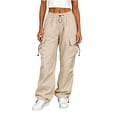 thumbnail image 2 of Mifsaly Baggy Cargo Pants Women Wide Leg Parachute Pants Adjustable Drawstring Hem Loose Casual Workout Athletic Bottoms with Multi Pockets Beige,XL, 2 of 6