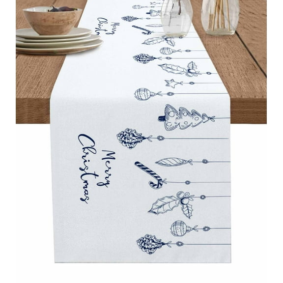 Blue Christmas Burlap-Cotton Table Runner 72 Inches Long,Xmas Tree Botanical Balls Farmhouse Table Runners,Outdoor Dining Tablecloths Decor for Baby Shower Party Wedding 16x72