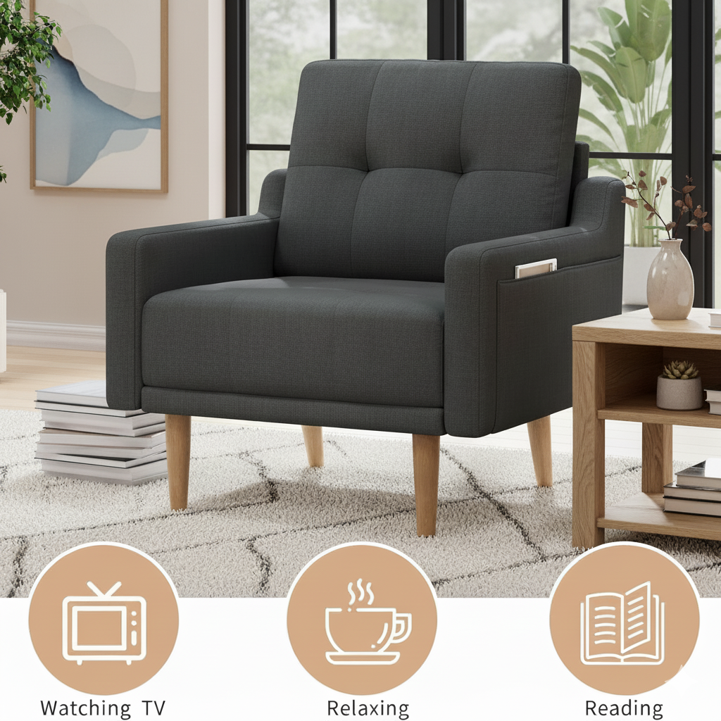 Mid Century Modern Accent Chair Reading Chair with Wood Legs, Upholstered Armchair Fabric Single Sofa Chair for Living Room & Bedroom (Dark Gray)