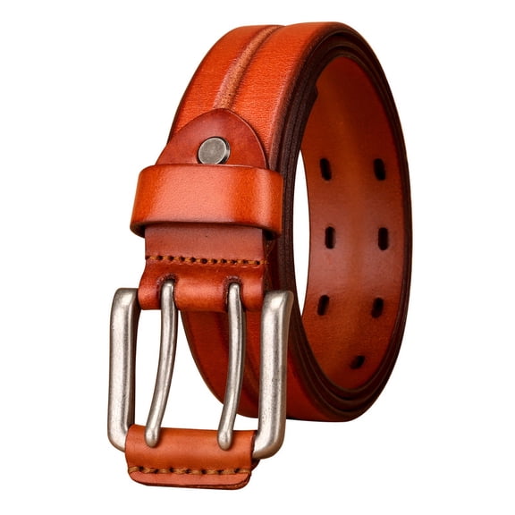 Catelles Retro Leather Alloy Pin Buckle Men's Orange Belt, Wear-resistant Stylish Model, Gift Box with Holo Puncher&For waist 42 in Width 1.5in(3.8cm)