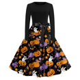 thumbnail image 2 of Halloween Dresses for Women Pumpkin Spider Long Sleeve 1950s Cocktail Funny Dresses Crew Neck Hepburn Retro Cute Tea Length Dress with Belt L, 2 of 5