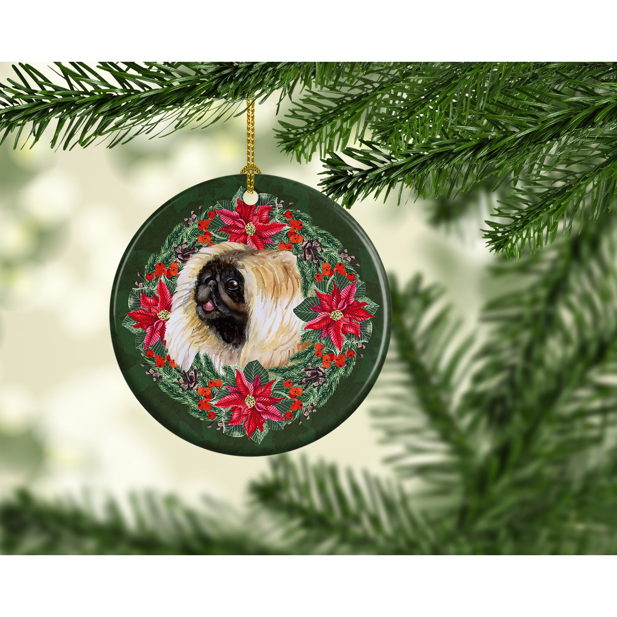 Pekingese Poinsetta Wreath Ceramic Ornament 2.8 in x 2.8 in