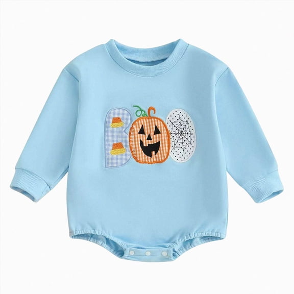 yboeqw Baby Boy Bubble Romper Pajamas Halloween Infant Ghost Boo Print Long Sleeve Bodysuit Toddler Sleepwear Clothing(3-6 Months,Sky Blue)