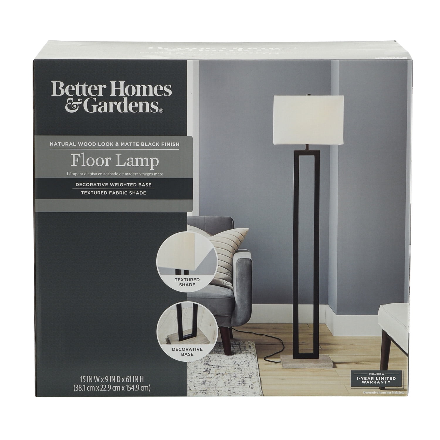 Better Homes & Gardens 61"H Metal Windowpane Floor Lamp, Black Finish with Faux Wood Base