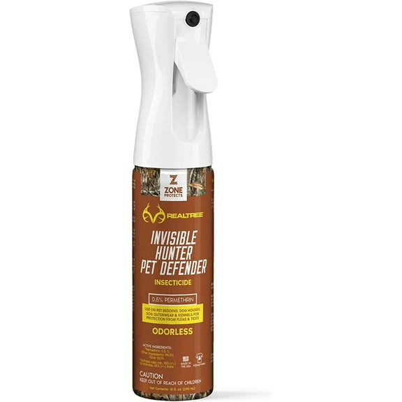 Zone Realtree Invisible Hunter Pet Defender Permethrin Insecticide, 10oz Continuous Permethrin Spray. Protect Your Dogs from Ticks and Fleas. Odor-Free. Lasts 40 Days.