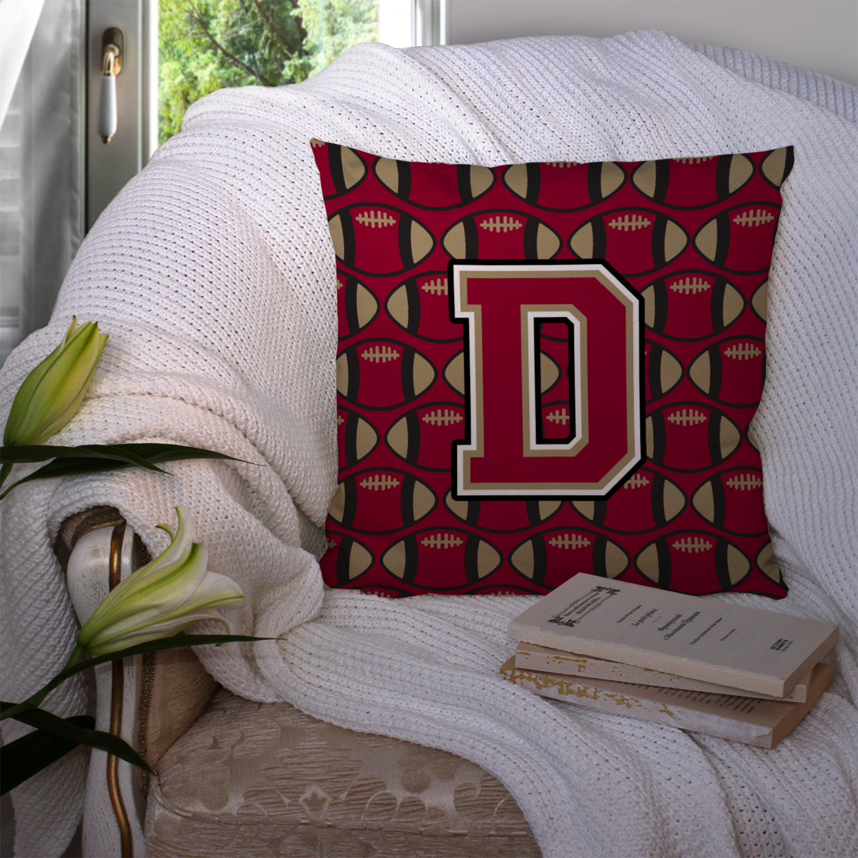 Letter D Football Garnet and Gold Fabric Decorative Pillow