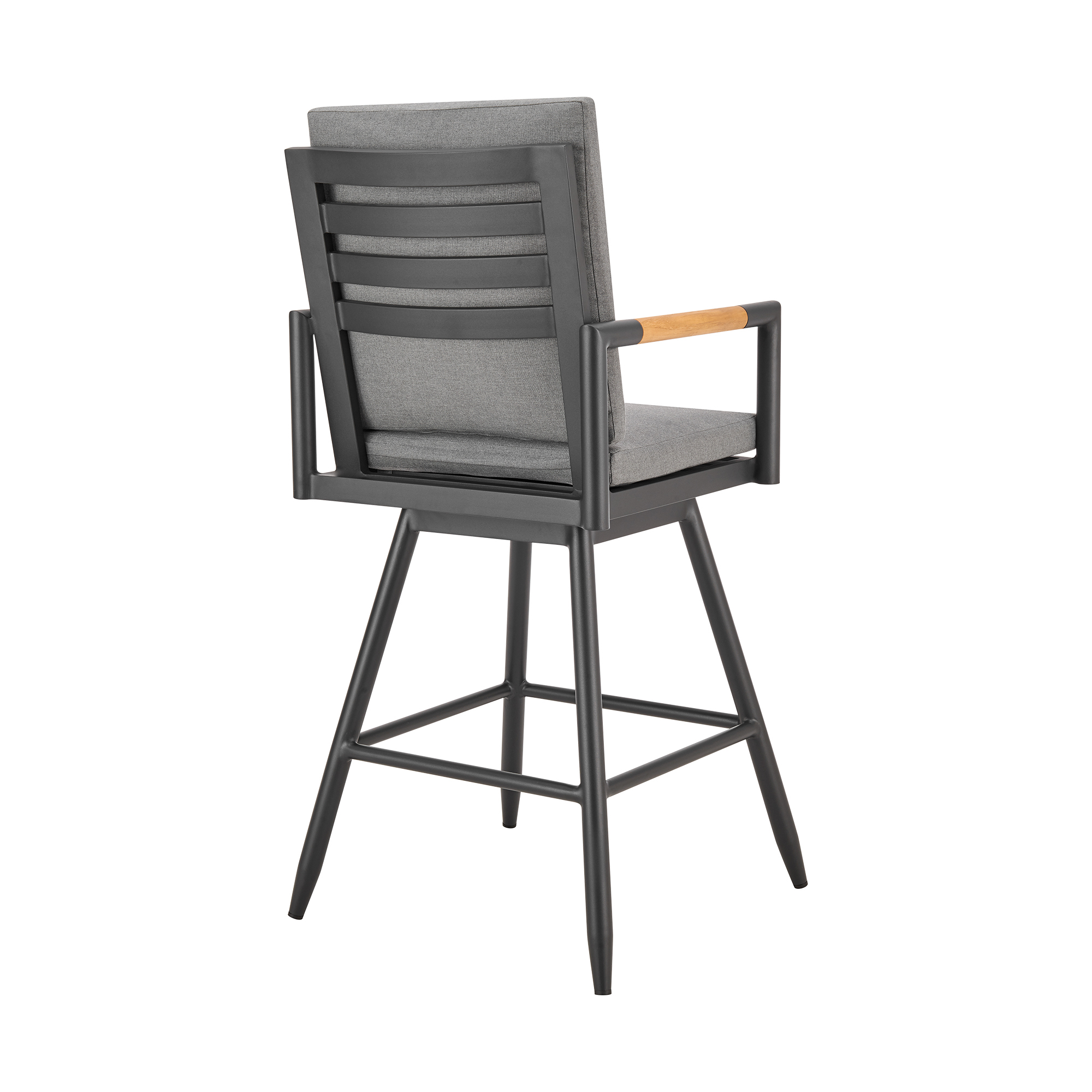 Crown Outdoor Patio Swivel Bar Stool in Black Aluminum with Wood Accent and Dark Gray Cushions - Set of 2
