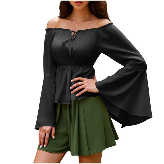 Bell Sleeve Tops for Women Renaissance Shirt Off Shoulder Solid Color Long Sleeve Waisted Smocked Blouse Costume Tops Fashion Casual Travel Clothes Oversize Waist-Cinching Fall Tops for Women