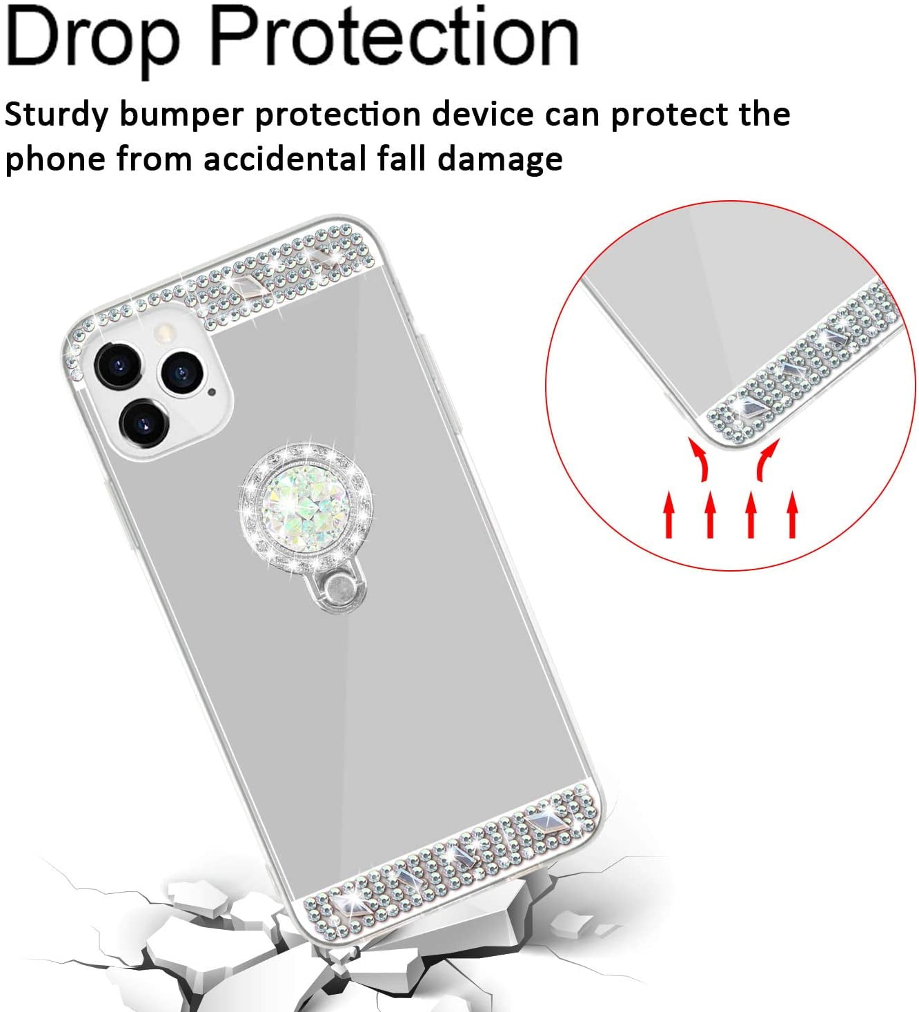Compatible for iPhone 12 Pro Max 6.7“ Case with Strap & 360 Degree Finger Ring Holder, Babemall Elegant Premium Bling Square Protective Shock