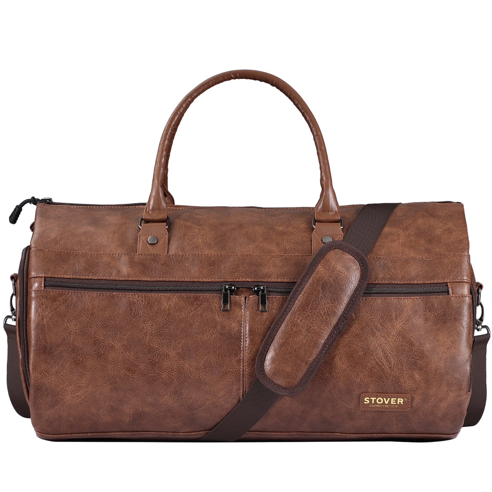 STOVER Garment Travel Duffle Bag, Large 2-in-1 Convertible Carry-on Luggage (Brown Leatherette)