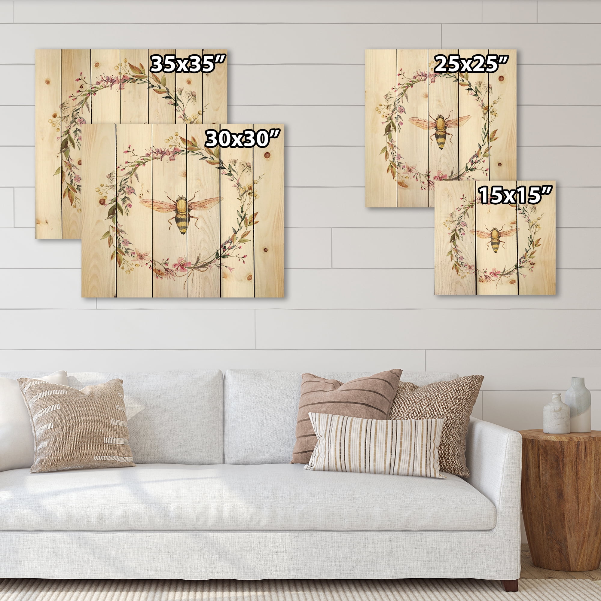 Designart 'Wildflowers Wreath and A Bee' Farmhouse Print on Natural Pine Wood