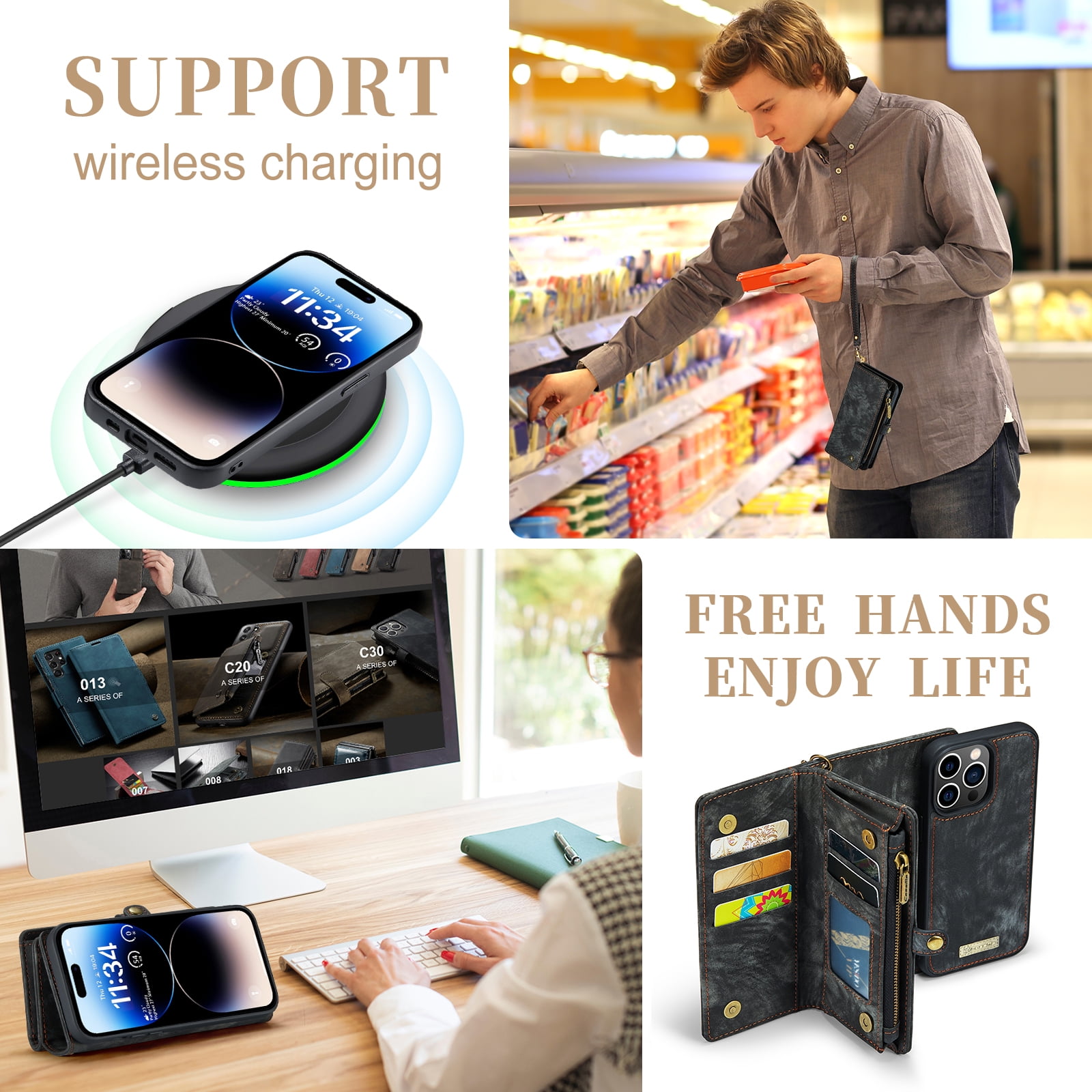 TECH CIRCLE 2-in-1 Magnetic Phone Case with Wrist Strap for iPhone 17 Pro Max (2025), Detachable Flip Wallet Case with 8 Card Slots, Zipper Pocket, Stand, Protective Slim Magnetic Back Cover, Black