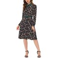 thumbnail image 4 of Unique Bargains Women's Floral Contrast Collar Belted Work Office Knee Length Dress XS Black, 4 of 6