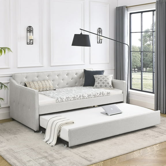 Sofa Beds Twin Size Daybed with Twin Size Trundle Upholstered Tufted Sofa Bed, Waved Shape Arms, Beige (80.5"x44.5"x33.5"),Sleeper Sofa