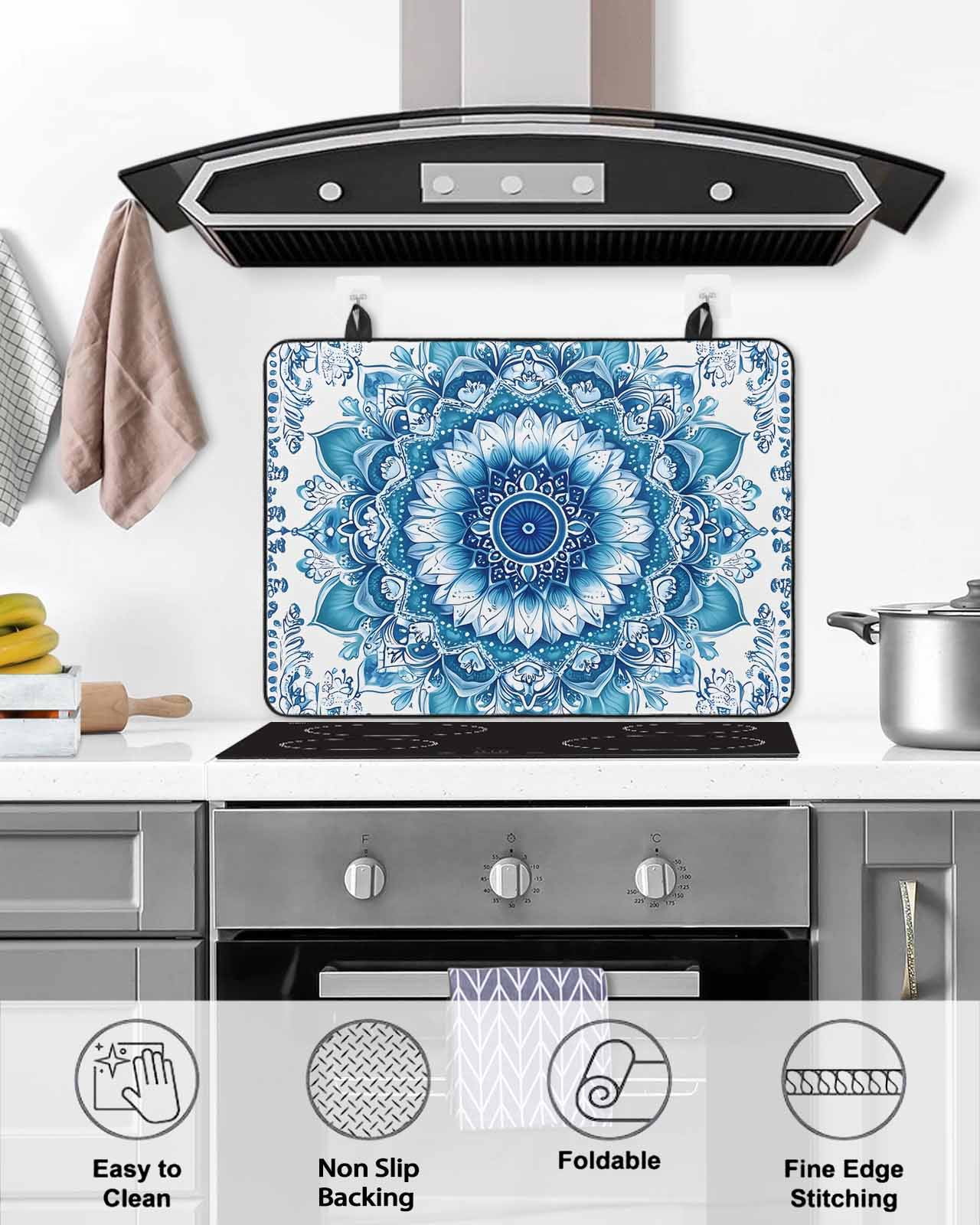 nqOlkjepod Large Induction Cooktop Protector Mat 24"x21", White Blue Boho Stove Top Covers for Electric Stove, Modern Floral Abstract Art Ethnic Tribal Stove Burner Cover Mats, Glass Top Stove Cover