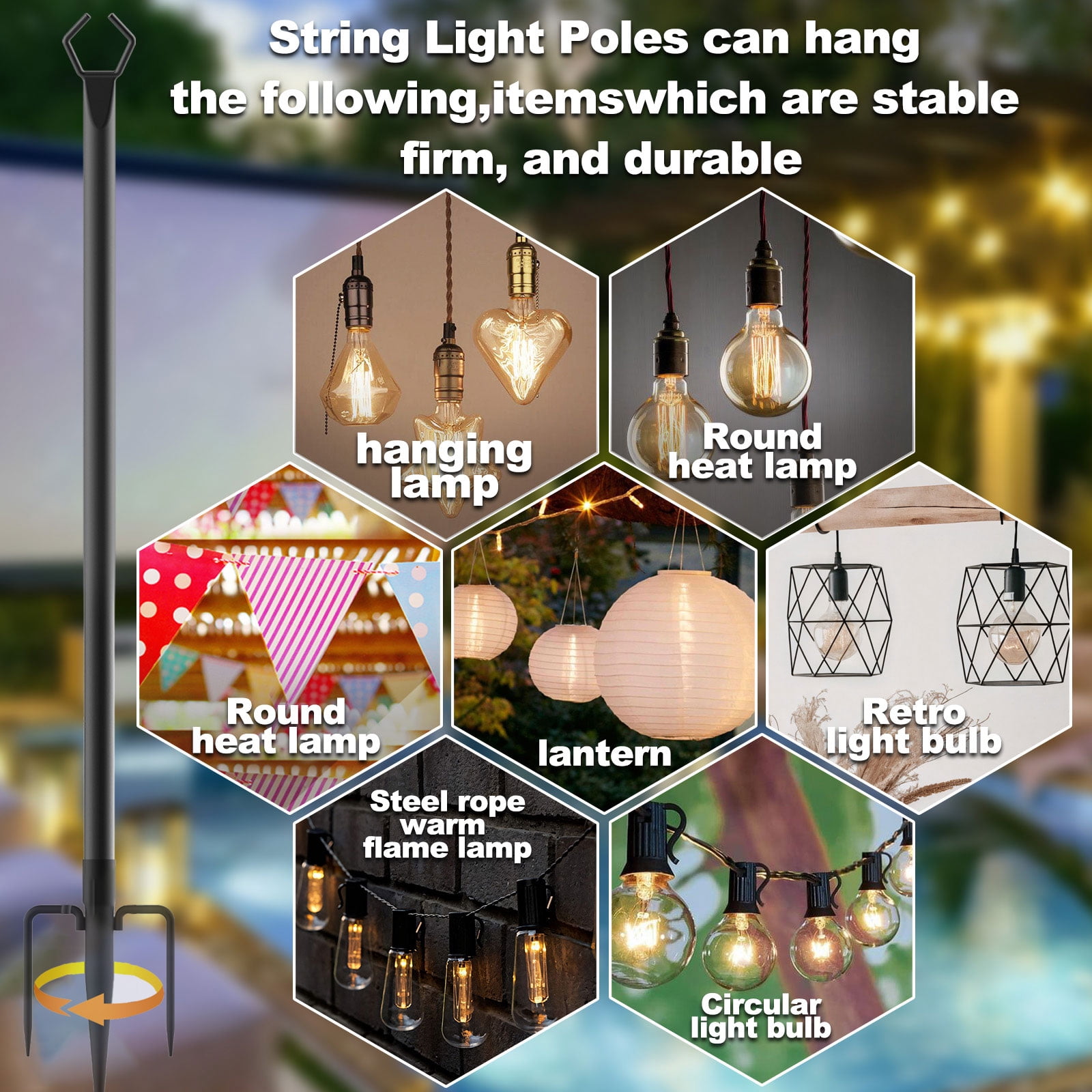 4 Pack 10FT Outdoor String Light Poles with Fence Brackets, Heavy Duty Metal Light Stand for Hanging String Lights, Weatherproof Deck Patio Backyard Garden Light Pole for Wedding Party Holiday Decor