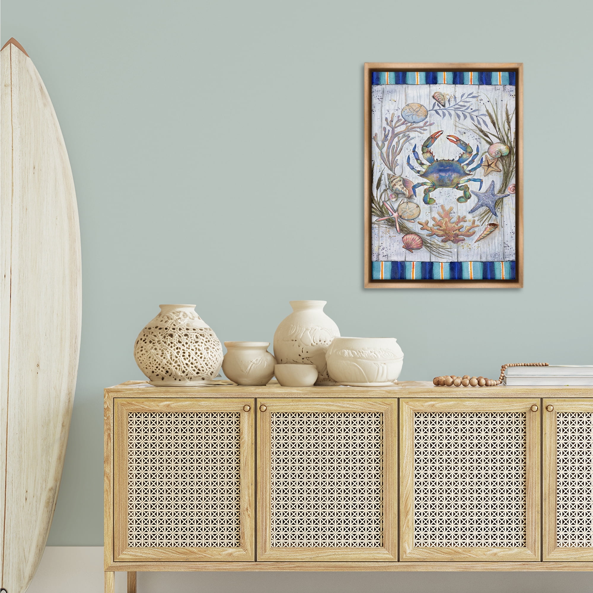 Stupell Industries Coastal Wreath & Crab Nautical & Beach Painting Brown Floater Framed Canvas Art Print Wall Art, 21 x 31