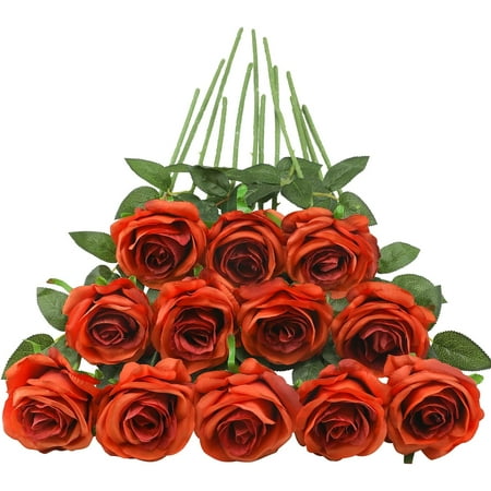 Burgundy Roses Artificial Flower 12Pcs Realistic Long Single Stem Fake Silk Red Roses Bouquet for Party Home Wedding Centerpiece Hotel Office Halloween Decor