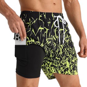 APTRO Mens Swim Trunks With 2 in 1 Compression Liner 5.5"Board Shorts Quick Dry Swimming Bathing Suit Summer Beach Shorts Yellow MK319 L