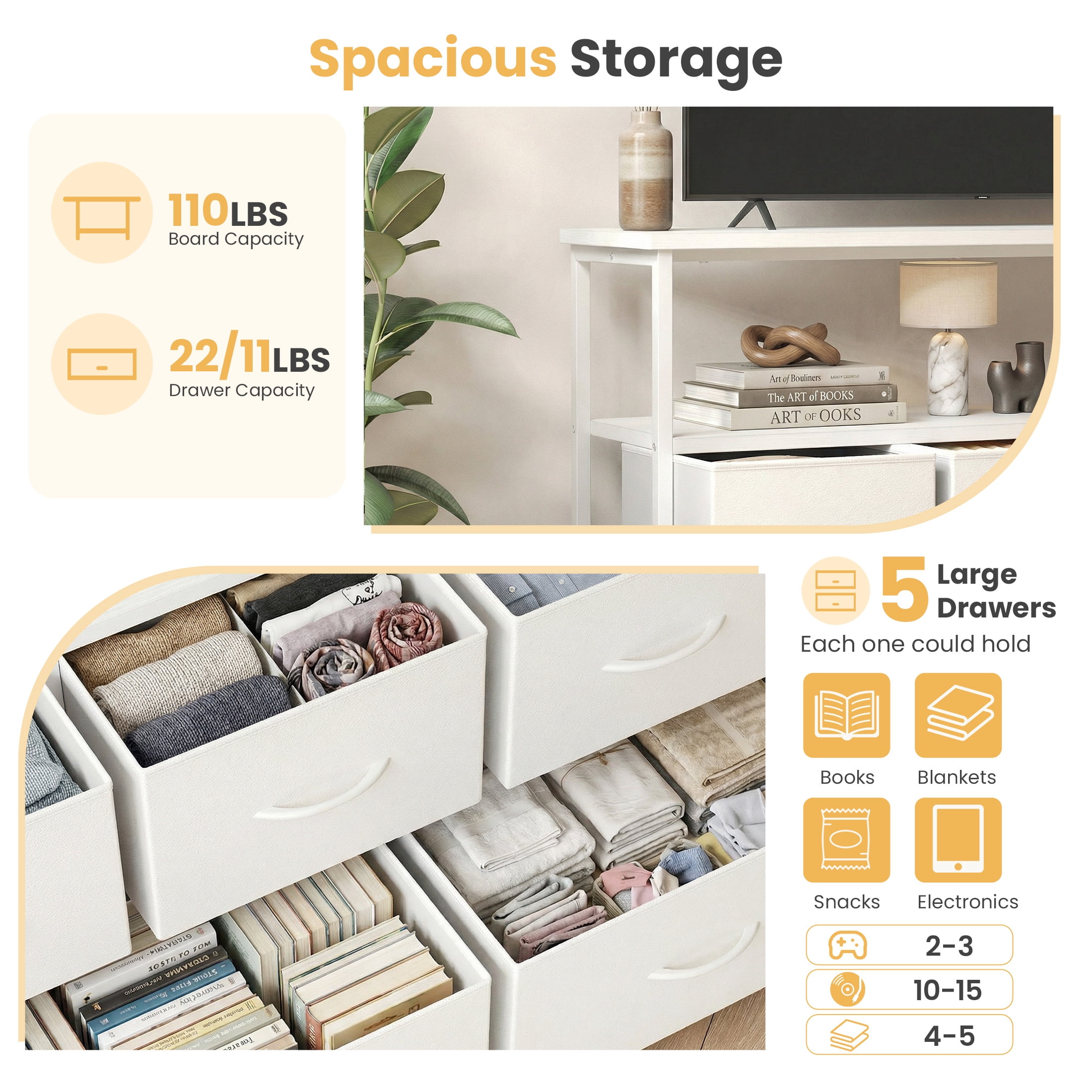 edx 5 Drawers TV Stand Dresser for 45" TV, Media Console with Charging Station & 2 Open Shelves, Storage Organizer for Bedroom Living Room, White
