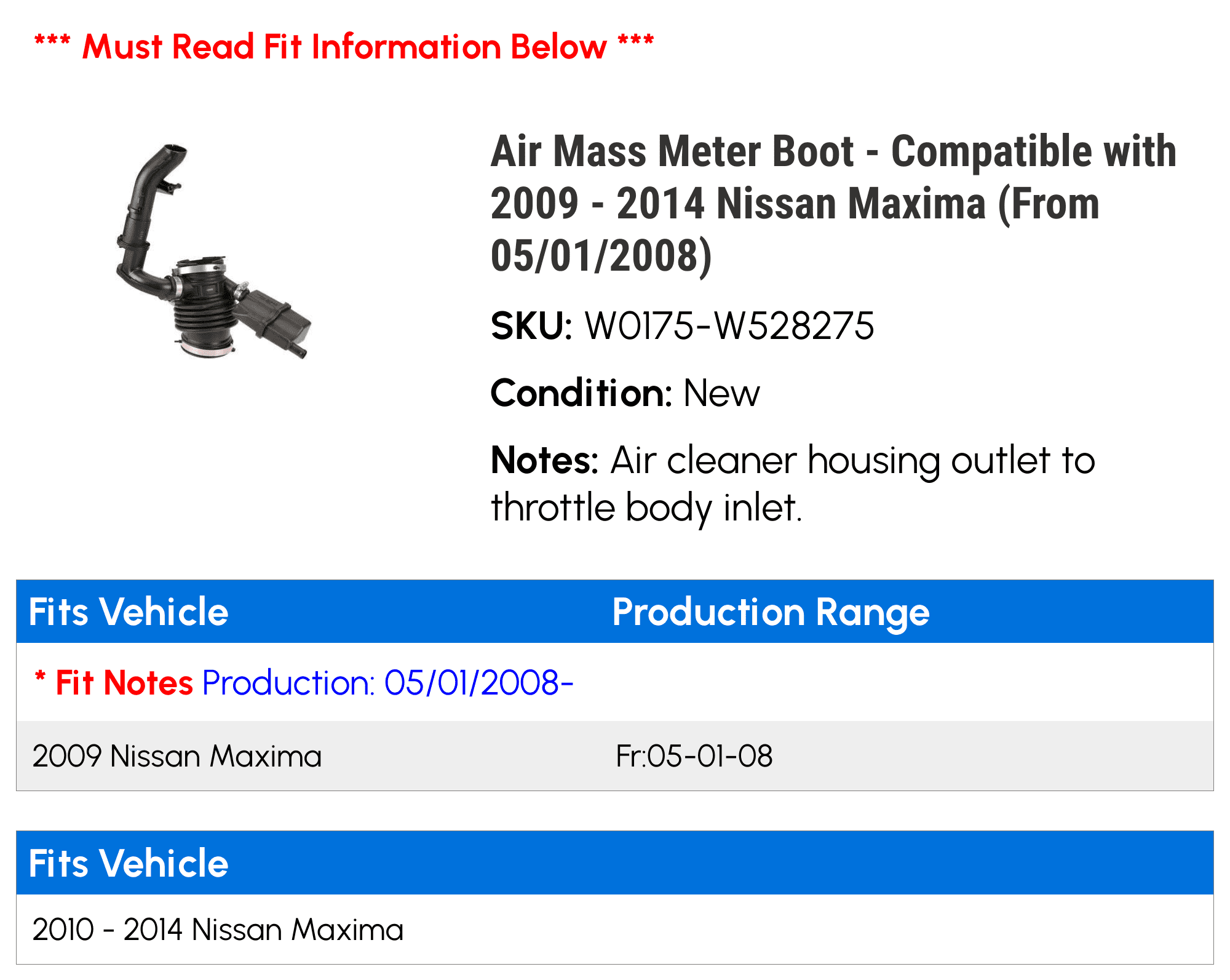 Air Mass Meter Boot - Compatible with 2009 - 2014 Nissan Maxima (From 05/01/2008) 2010 2011 2012 2013
